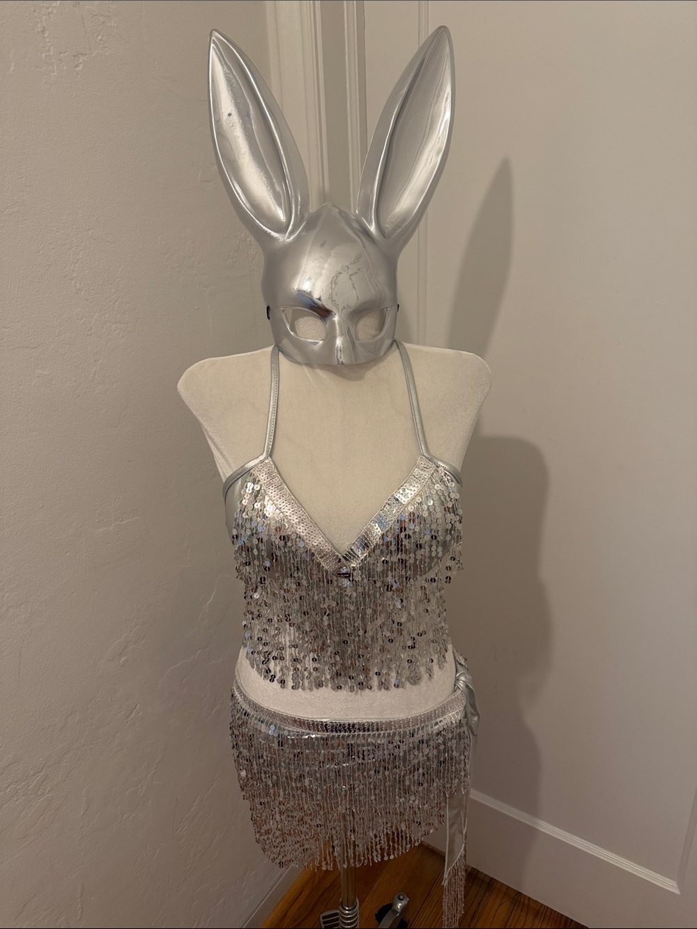 HALLOWEEN Silver Sequin Fringe Halter Set Shimmering Silver Party Masquerade